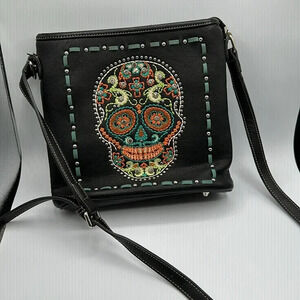 AMERICAN BLING Black Faux Leather Embroidered SKULL Tote with Crystals